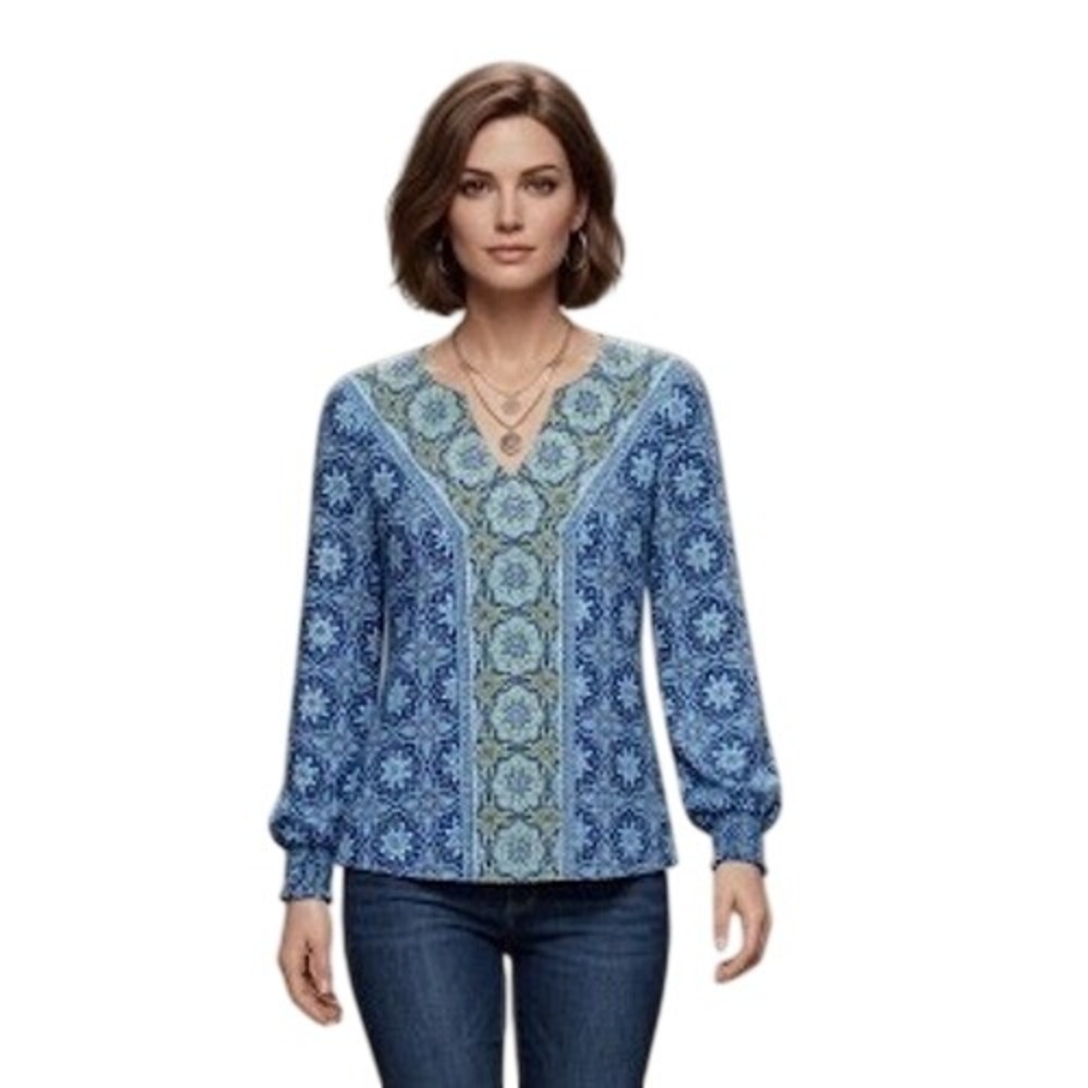 Belle Boho Kim Gravel Blue Mosaic Medallion Print V-Neck Blouse Large A654087